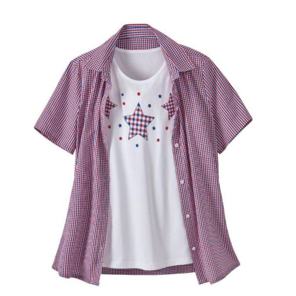 NEW Sz Medium Tank Top & Patriotic Gingham Button Up 2 Pc Coordinating Shirt Set